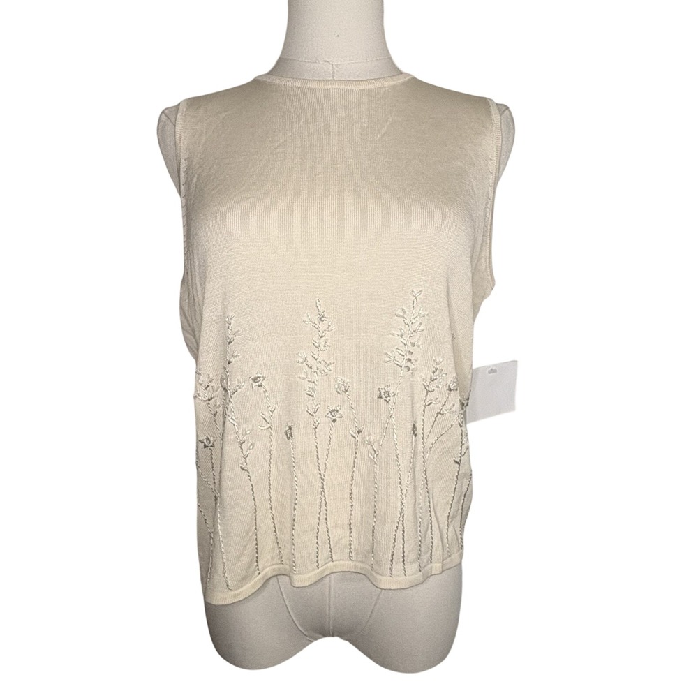 Valerie Stevens Silk Blend Top Women PL Cream Sleeveless Embroidered Beaded NWT